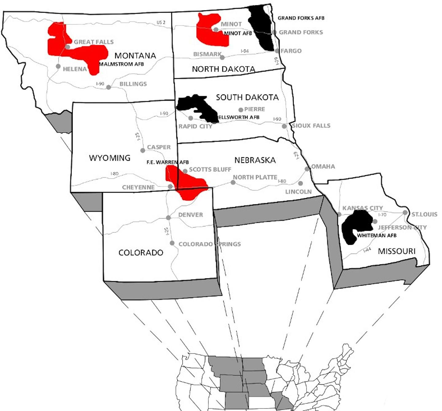 图中红色处为义勇兵导弹部署地所在；图中左上的州份是蒙大拿州。 （美国国家公园管理局）