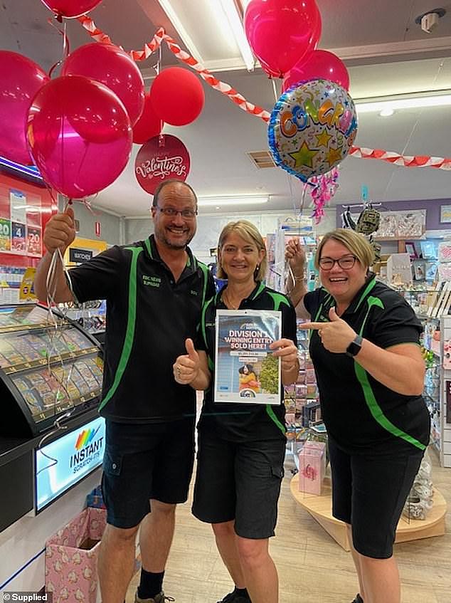 A woman from Esk was the sole division winner of Saturday Gold Lotto (pictured, workers at Esk News where the woman bought her ticket)
