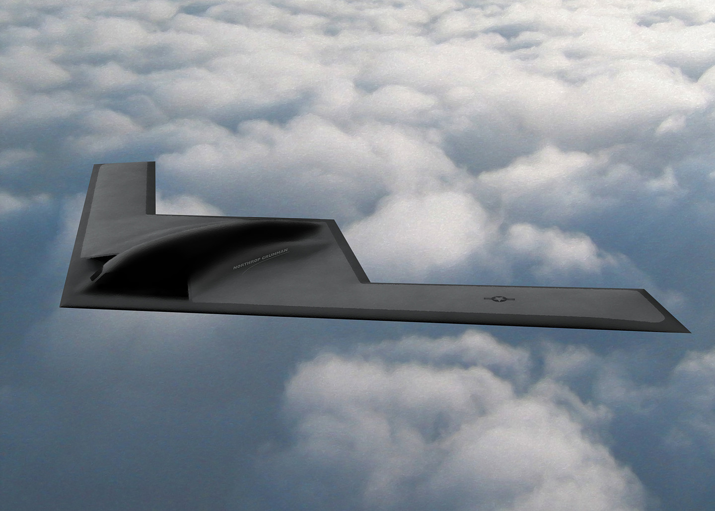 A computer generated image of a stealth bomber flying through the sky 