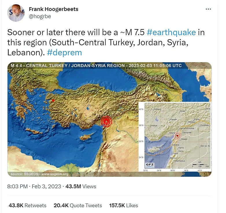 霍格比兹2月3日在推特发文，预测土耳其南部等区域「迟早会有达到规模7.5的地震」，被网友封为神预言。 翻摄推特@hogrbe