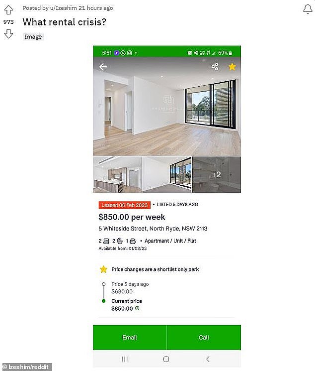 A photo of the vacant two-bedroom apartment in North Ryde, north west of Sydney's CBD, was shared to Reddit showing it had leased for $170 more than its listing