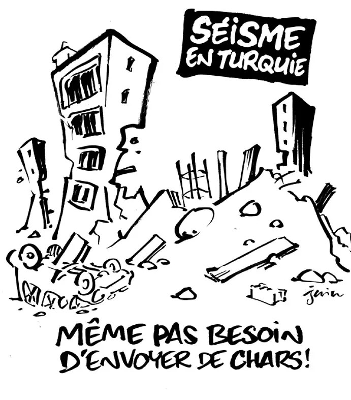 法國知名諷刺雜誌《查理週刊》的「連坦克都不用派」漫畫，引爆讀者的怒火。翻攝twitter@Charlie Hebdo