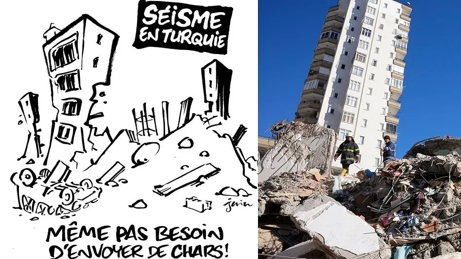 法國《查理週刊》以「連坦克都不用派」的漫畫（左圖，翻攝twitter@Charlie Hebdo），嘲諷土耳其大地震的重大傷亡。（右圖，美聯社）