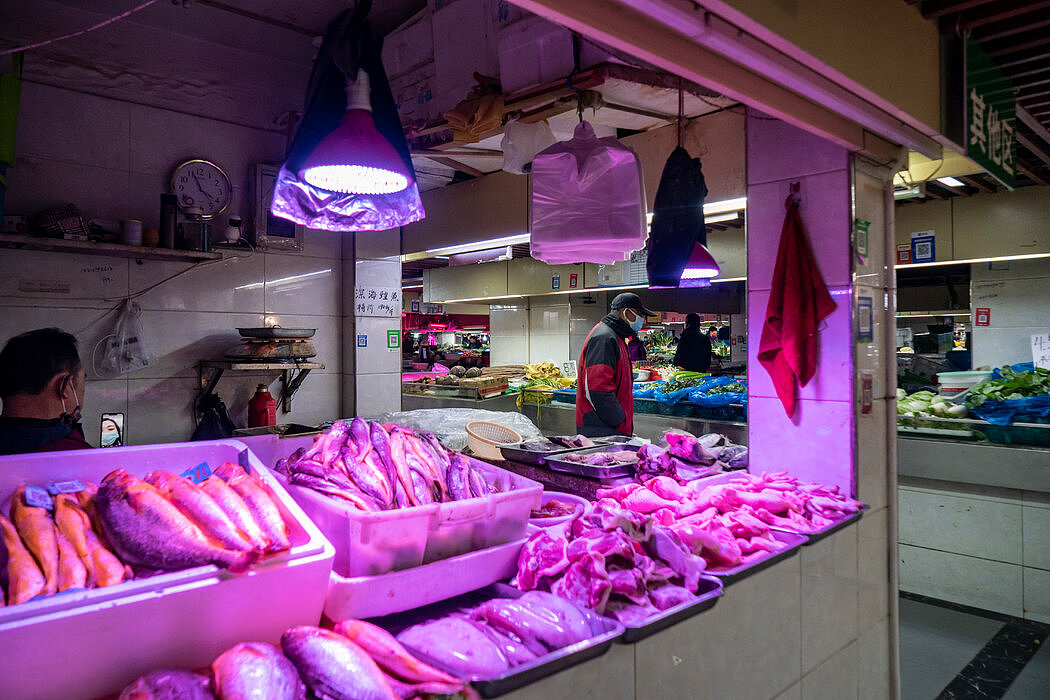 上周四，中国南京的一个出售鲜肉、农产品、鱼和其他生鲜产品的市场。