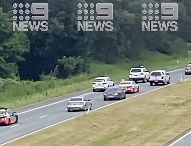 At least 10 police cars including several undercover vehicles slowly chased the SUV along the highway