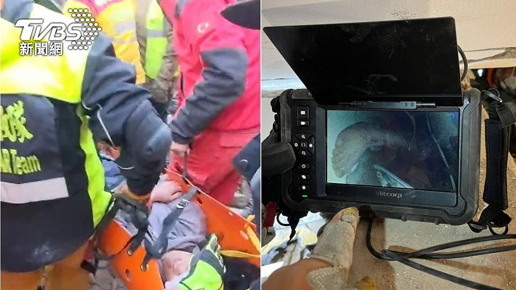 搜救人员发现女子的右脚，耗费逾19小时将她救出送医。 （图／TVBS） 女遭水泥柱重压19小时终于脱困！ 台、土搜救队联手抢救