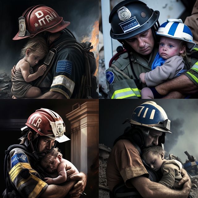 透过AI生成，多幅展示一名消防员拯救一名幼儿的图片