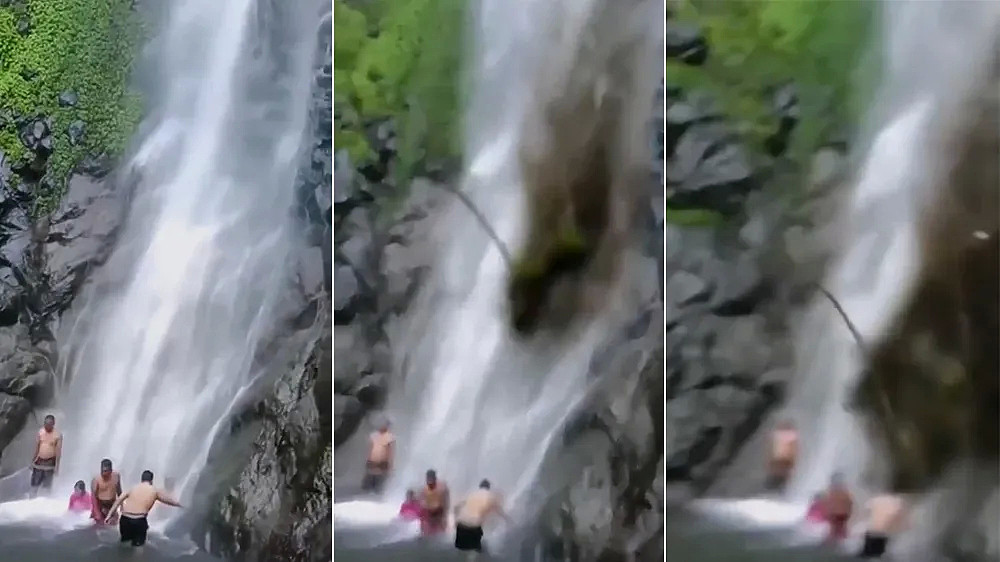 塞杜多瀑布上方突然发生土石流，瞬间将正在水中享受瀑布冲打的游客们吞没。 翻摄自推特