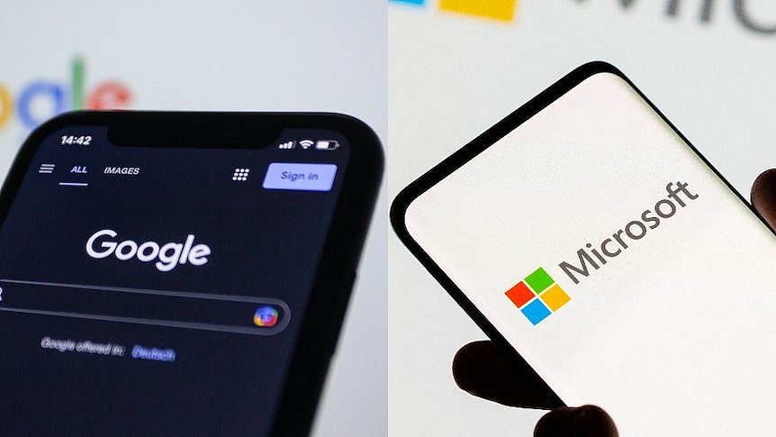 A composite image of a mobile phone displaying the Google Search homepage and a mobile phone displaying the Microsoft logo