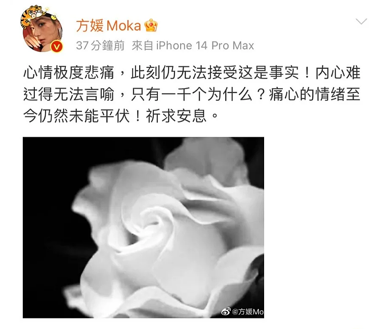 方媛发短文，对蔡天凤表达哀悼。 图: 翻摄微博