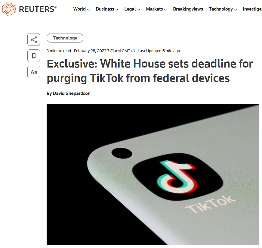 美国白宫：要求各政府机构30天内确保在其联邦设备和系统上禁用TikTok - 1