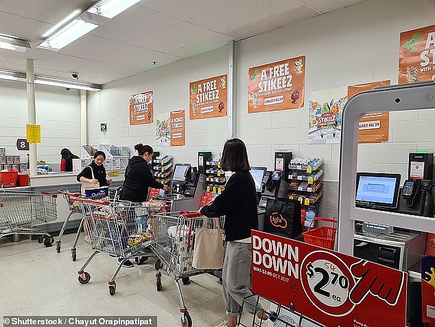 An unemployed woman's grocery haul has captured the pain felt by thousands of households amid Australia's cost of living crisis (pictured, Sydney shoppers in Coles)