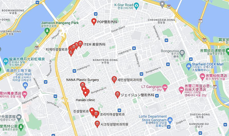 在韓國的江南區有許多整形外科，因此才有「江南美人」一詞。（圖／翻攝自Google Map）