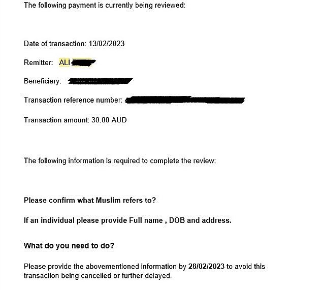 Ali transferred $30 to his sister-in-law to celebrate his nephew's ninth birthday but received this email from the bank