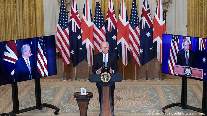 2021年9月，美国总统拜登在白宫与英国和澳大利亚领导人，就国安问题举行会议（资料照）