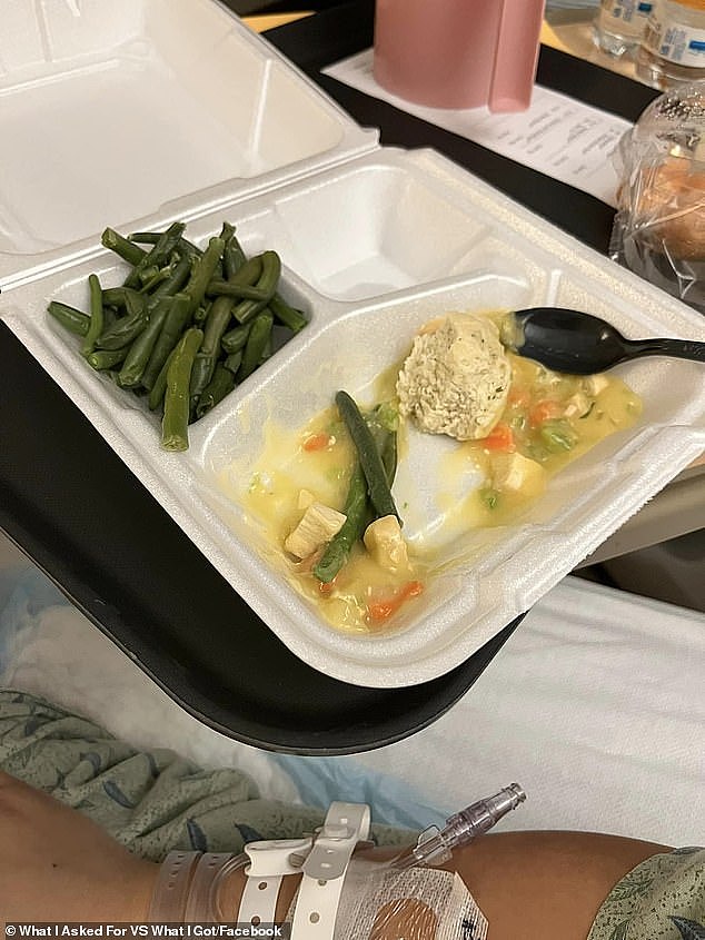 A new mum was surprised by the 'sad' meal she was served at hospital after giving birth. she got a 'congealed' yellow stew with a bread roll and limp green beans