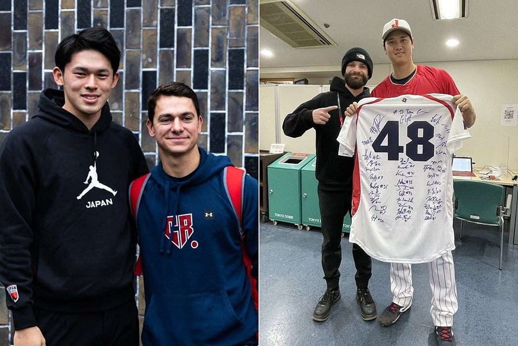 左：日本队投手佐佐木朗希送点心给被他触身球打中的捷克球员艾斯卡拉；右：在比赛中曾三振大谷翔平的捷克投手萨多利亚送全队签名球衣给大谷。 图／捷克棒球协会；鸣人堂制图
