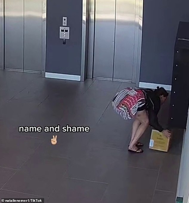 A woman was caught on CCTV stealing a Marley Spoon meal kit from an Adelaide apartment on Sunday (pictured, the woman taking the kit)
