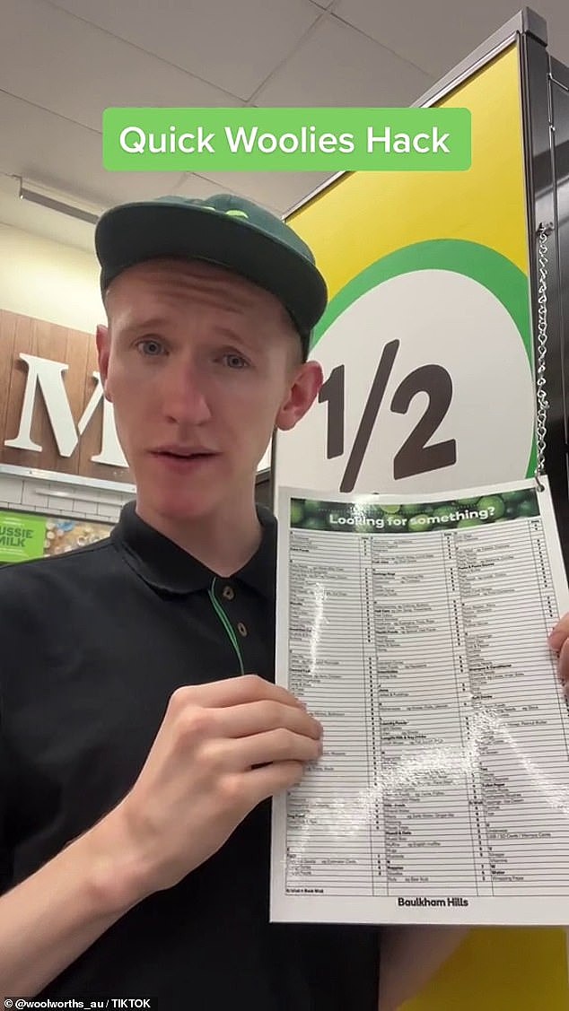 A Woolworths employee has revealed why you don't have to waste time hunting around for items in the supermarket if you consult a handy aisle directory - which is found at the end of every aisle (pictured)