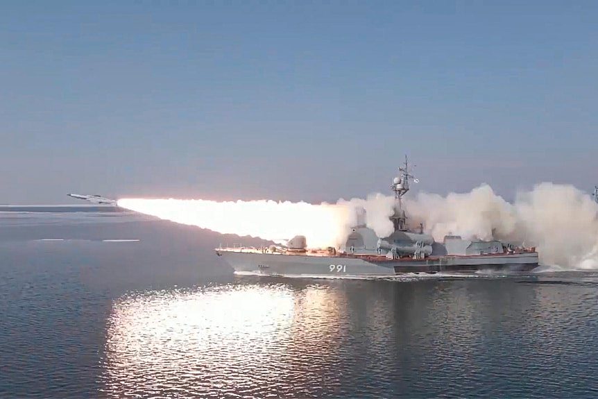 a missile is fired across the Sea of Japan by a Russian ship