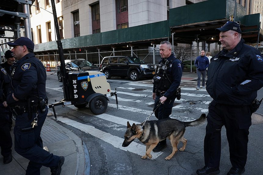 警察带着一只德国牧羊犬穿过纽约街道