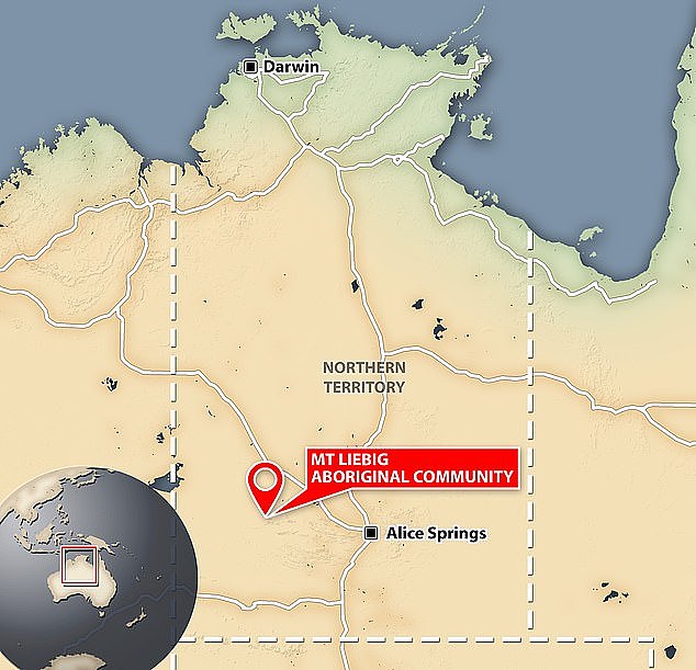 The child fell into the pit while on a property in the Mt Liebig Aboriginal community, 310km west of Alice Springs, in the Northern Territory (pictured). Local clinic staff used CPR to resuscitate and stabilise the toddler before the child was transferred to a hospital in Adelaide