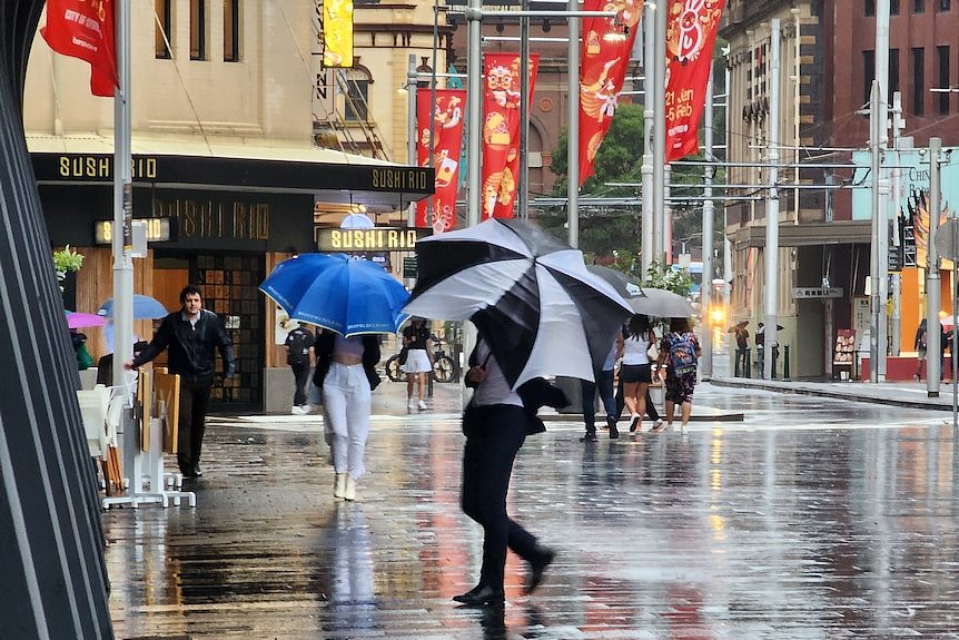 people holding umbrellas walking in the rain in the city