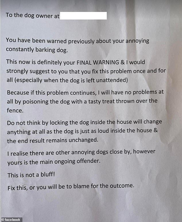 Bribie Island resident Peter Chambers received a letter from an anonymous neighbour threatening to kill his dog with poisonous treats if he did not stop it from barking (pictured)