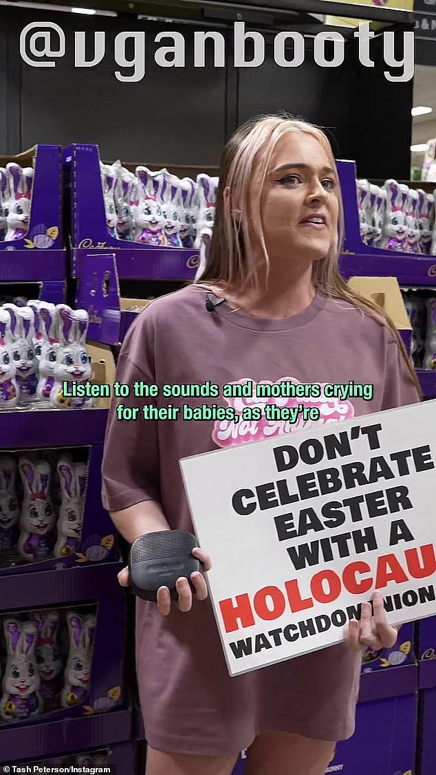 Tash Peterson, 29, shared a video of herself shouting at shoppers who were buying chocolate eggs and bunnies made with dairy milk at a Coles supermarket in Perth this week