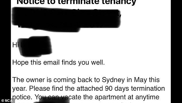 The tenant from Sydney's south shared the eviction notice they had received from their real estate agent claiming the overseas landlords were moving back in (pictured)
