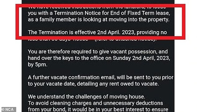 Joe Alder has been forced out of almost half of the 10 different properties he's lived in since moving from the UK in 2018 because the landlord falsely claimed someone was moving back in (pictured, Mr Alder's eviction notice)