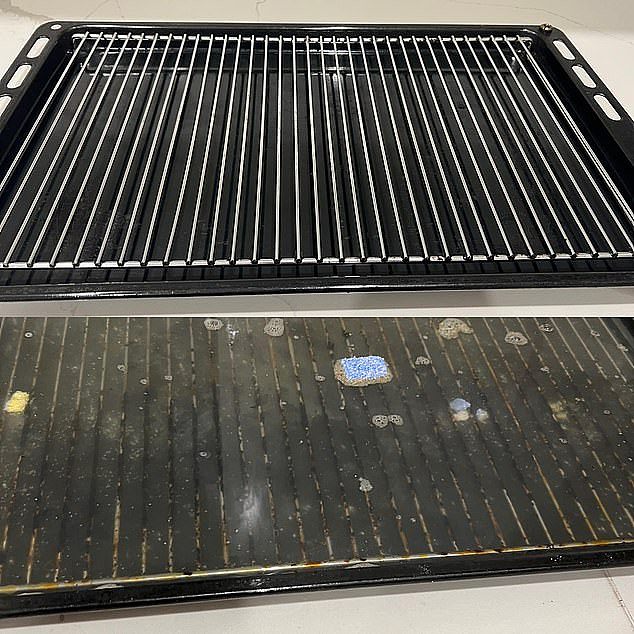 Before and after: Mum reveals how she made her oven trays caked with stubborn grease and grime look like new again using two 'cheap' dishwasher tablets