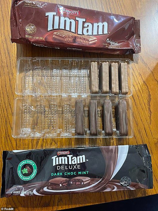 A shopper noticed a subtle difference in the packing of a couple of popular Tim Tam flavours - Original and Deluxe Dark Choc Mint. After comparing the pair side by side, it was apparent that one contained less biscuits than the other