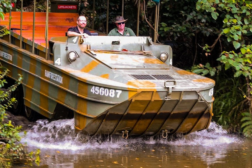 Amphibious vehicle entering water