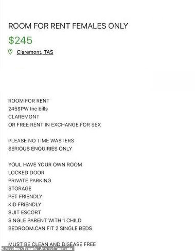 An ad for a rental property on online marketplace, Gumtree, has been swiftly removed after it offered 'free rent' in exchange for sex (pictured)