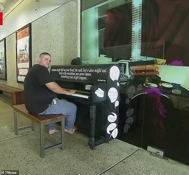 Shane has been taking to the piano every day and night in a pedestrian tunnel underneath the Queensland Performing Arts Centre in South Brisbane (pictured)