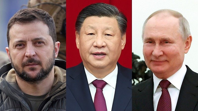 Volodymyr Zelenskyy (left), Xi Jinping (centre), Vladimir Putin (right)