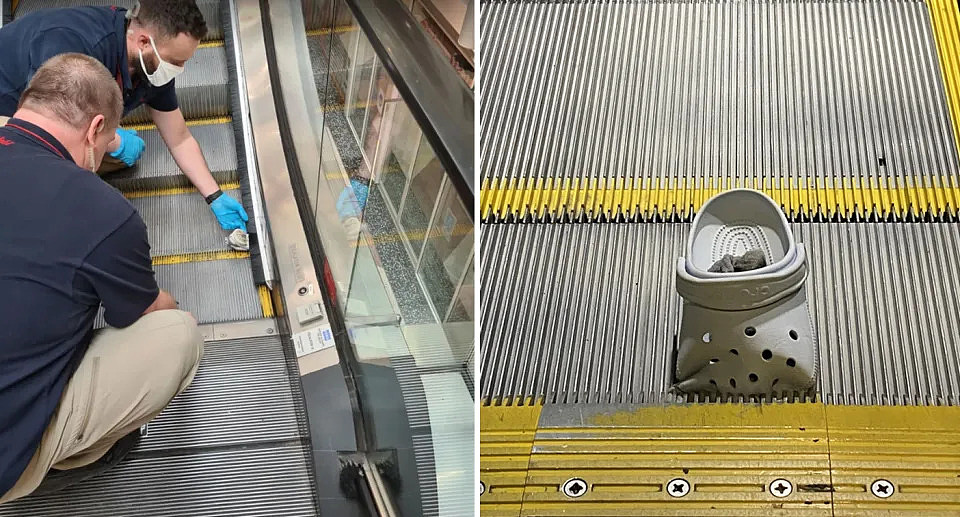 去年，一张两岁孩子的鞋子卡在悉尼韦斯特菲尔德的自动扶梯上的照片。 另一张鳄鱼卡在电梯底部的照片。