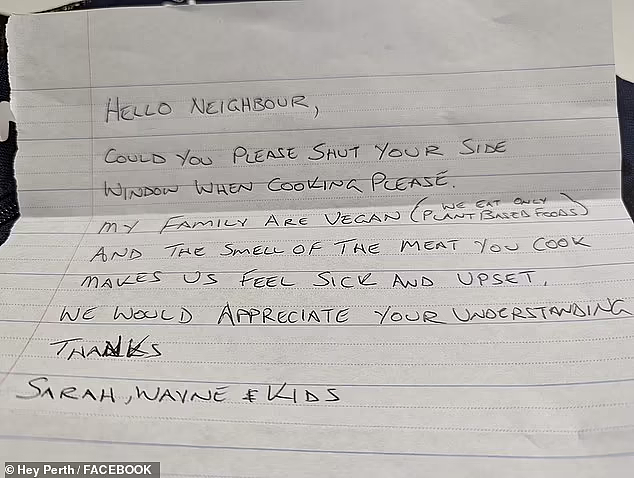 “做饭时关上你家窗户，肉味令人恶心”珀斯女子收到邻居手写信，网友打抱不平：别理（组图） - 2