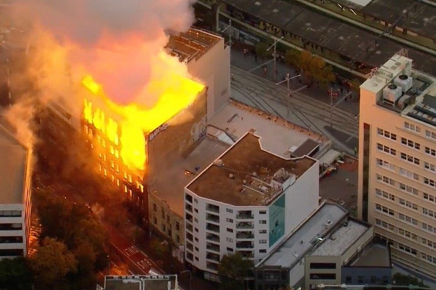 An aerial view of a building fire in Sydney