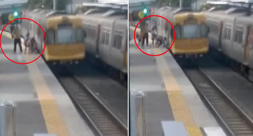 蹒跚学步的孩子在布里斯班车站的火车上滑过缝隙。