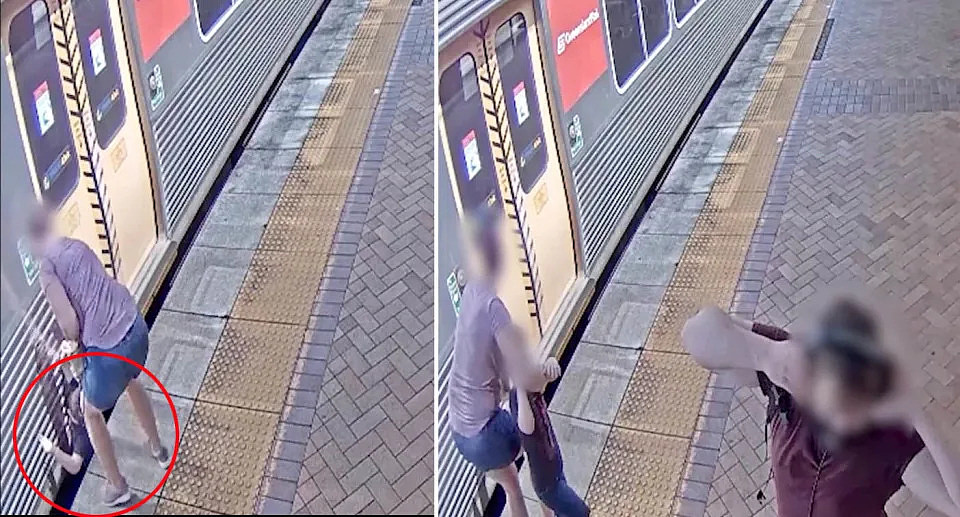 闭路电视显示孩子从火车和月台之间的缝隙中掉下来。
