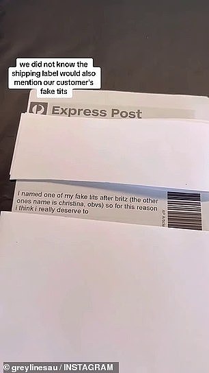 A shopper added a racy message about their fake breasts to their order which packers didn't realise would be visible on the shipping label raising the eyebrows of the delivery man