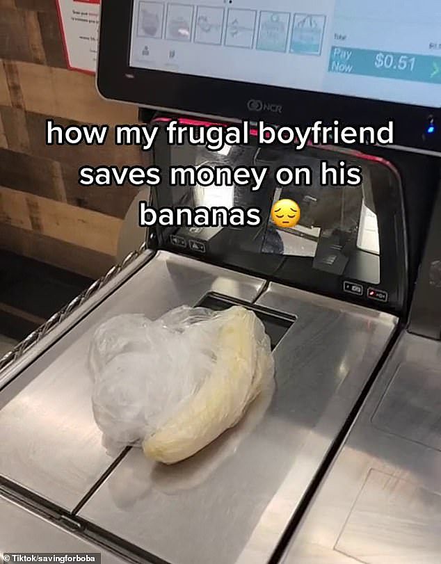 In a TikTok, the man can be seen peeling his banana before disposing of the peel and weighing it up at the checkout