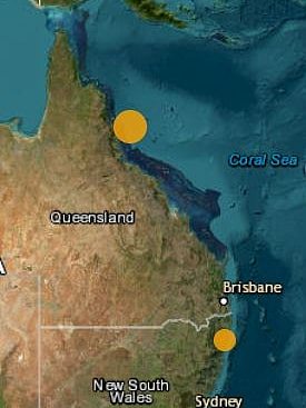 Map with orange dots showing where earthquakes were recorded