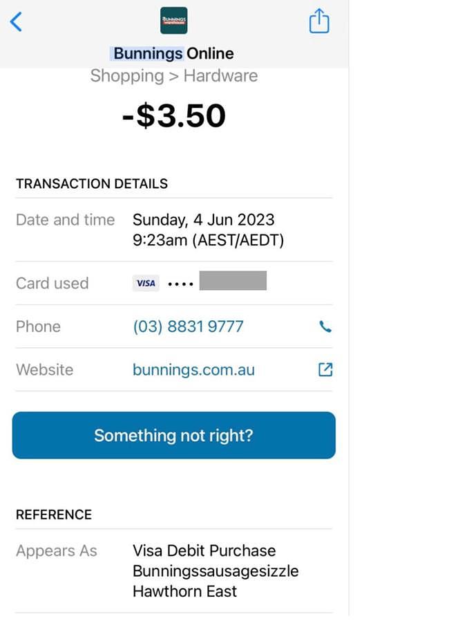 一位悉尼购物者在用手机购买了 Bunnings 香肠后，分享了她的电子收据。