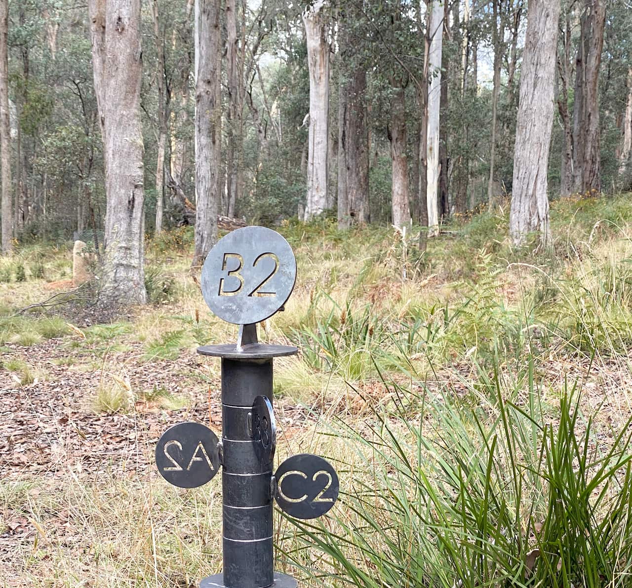 澳大利亚丛林中带有标记 A2、B2 和 C2 的黑色金属杆。