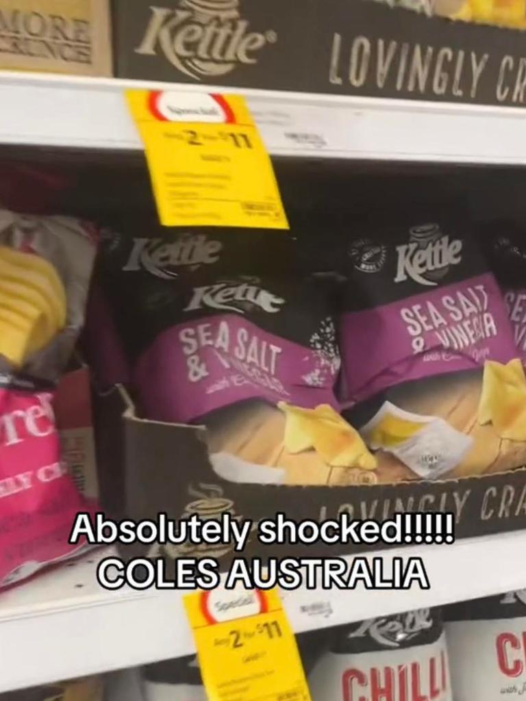 Two packets of chips are on sale for $11 which has been labelled ‘messed up’. Picture: TikTok/Letisha Malakooti