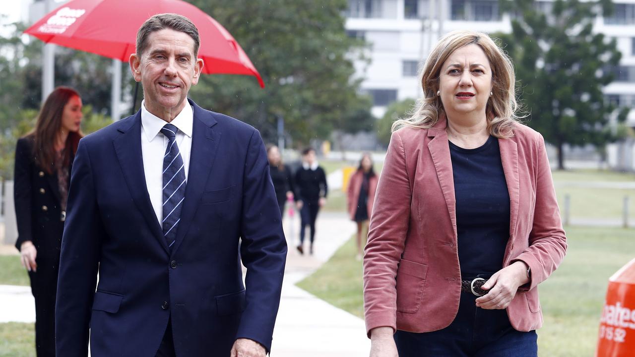 Queensland Treasurer Cameron Dick and Queensland Premier Annastacia Palaszczuk made the announcement on Monday morning. Picture: NCA NewsWire/Tertius Pickard