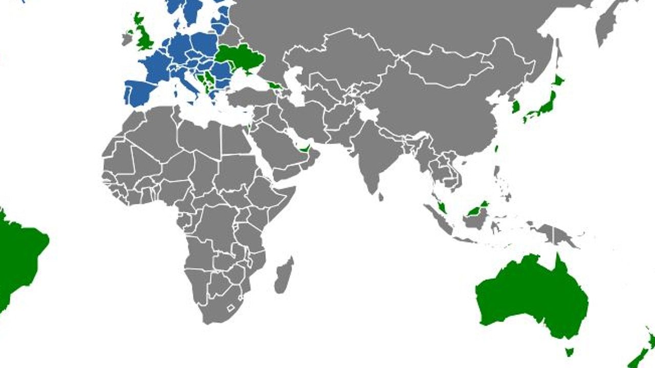 The countries in green are required to apply to enter the countries in blue under new rules. Picture: EU